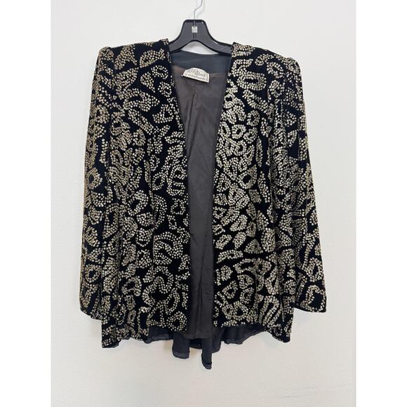 Vintage Glam Sequin Jacket Womens 8 Black Gold Glitter Staburst 80s Pat Richards - Picture 13 of 16